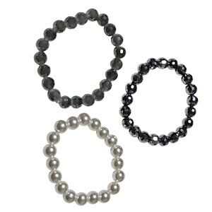 Beaded Stretch Bracelets Faux Pearl Faceted Beads Gray Silver White Set of 3